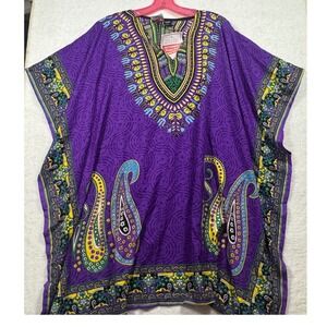 Studio EY Purple Dashiki Kaftan Top‎ Paisley Glitter V-Neck OS Boho Festival